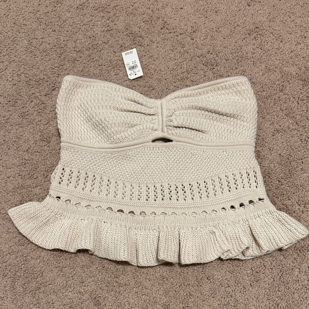 aerie Cream Knit Strapless Crochet Crop Top with Ruffle Hem